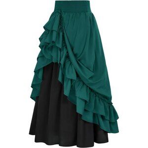 Women Renaissance Long Double-Layer Ruffle Skirt Green